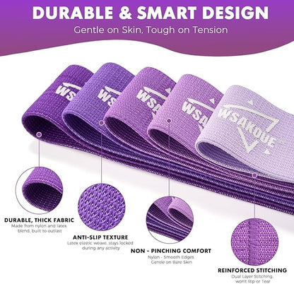 WSAKOUE Fabric Resistance Bands for Working Out – 5 Booty Bands for Women & Men, Exercise Workout Bands for Legs, HIPS & Glutes – Ideal for Home Fitness, Yoga, Pilates & Rehab