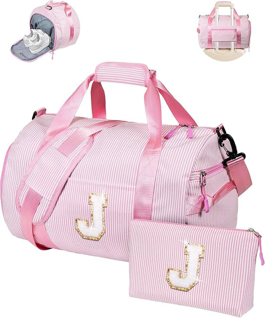 Sweet 16 Gifts for Girls, Girl Gym Bag, Kids Initial Overnight Duffel Bags with Shoe Compartment, Personalized Travel Bag with Makeup Pouch, Girly Cute Stuff Trip Essentials (Letter J)