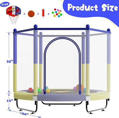 60" Trampoline for Kids, 5 FT Indoor & Outdoor Toddler Baby Trampoline with Basketball Hoop, Safety Enclosure, Birthday Gifts for Kids, Gifts for Boy and Girl, Age 3-8