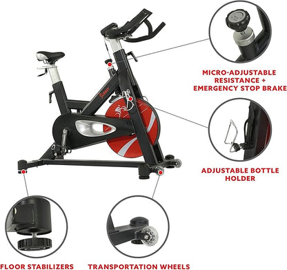 Sunny Health & Fitness Indoor Cycling Exercise Bike w/Pulse Sensors & 4-Way Adjustable Seat, Stationary Home Cardio Training Machine w/Micro-Adjustable Magnetic Resistance for Intensive Cardio Session