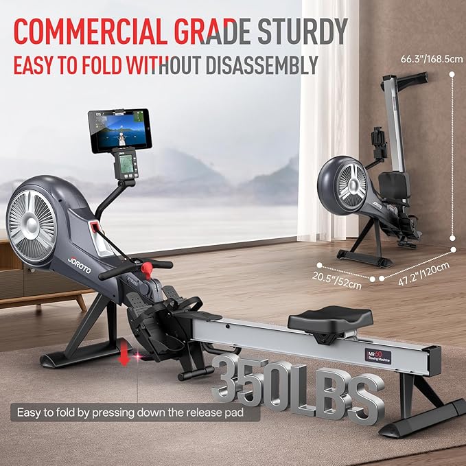 JOROTO Rowing Machine for Home Foldable, Air Magnetic Rowing Machines with 10-Level Adjustable Resistance, Quiet Ergonomic Seat，Bluetooth App, Max 350LBS, Space-Saving Home Gym, Gray