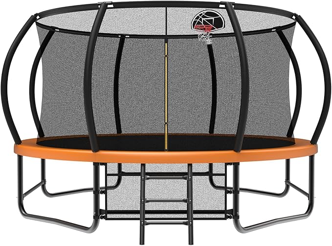 12 14 15 16FT Trampoline Outdoor with Basketball Hoop, Trampoline with Lights for Kids and Adults, Recreational Trampolin with Sprinkler, Stakes