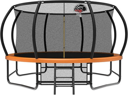 12 14 15 16FT Trampoline Outdoor with Basketball Hoop, Trampoline with Lights for Kids and Adults, Recreational Trampolin with Sprinkler, Stakes