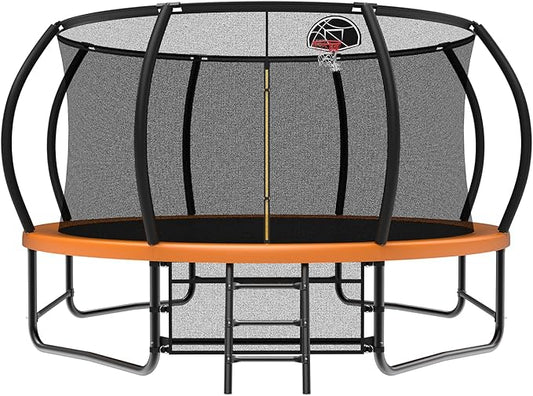 12 14 15 16FT Trampoline Outdoor with Basketball Hoop, Trampoline with Lights for Kids and Adults, Recreational Trampolin with Sprinkler, Stakes