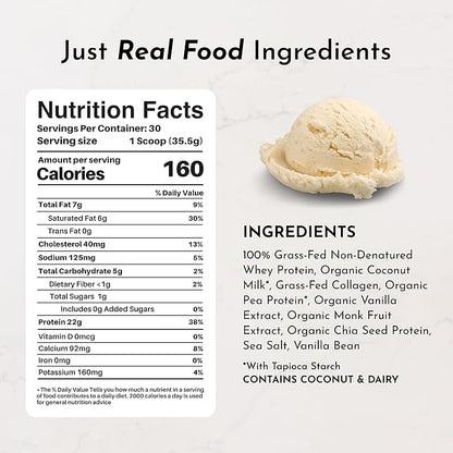 JUST INGREDIENTS French Vanilla Protein Powder ??30 Serving Bag ??Grass-Fed Whey & Plant Protein Blend with Real Vanilla Bean ??Sweetened with Coconut Sugar & Monk Fruit, Non-GMO, Gluten-Free
