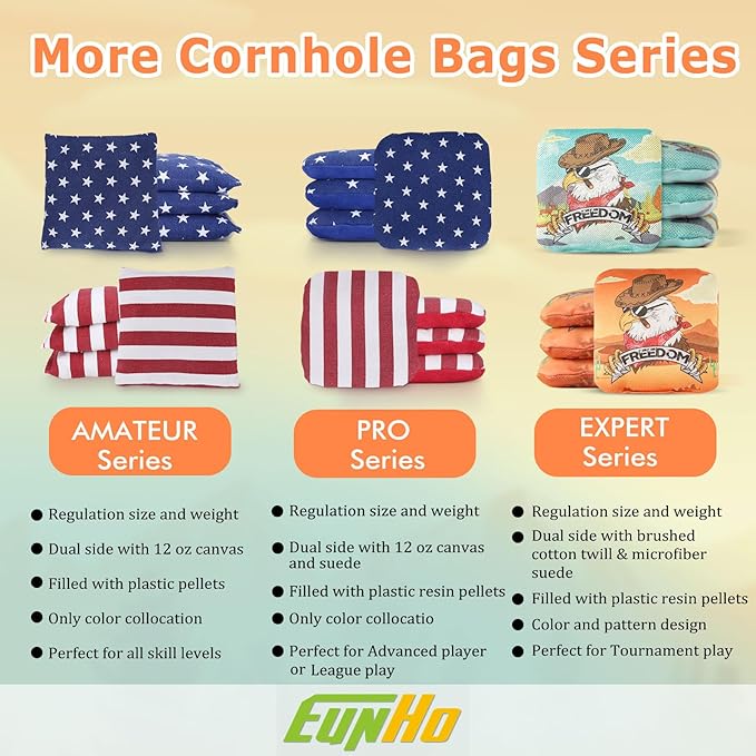 EunHo Cornhole Bags Regulation Dual Sided Set of 8, Professional Cornhole Bean Bags Slick & Sticky Side Bags with Carry Bag