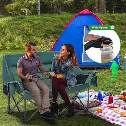 Nice C Double Padded Camping Chair, Oversized Loveseat Camping Chair, Outdoor Camping Couch for Adults, Lawn Chairs, Extra Padded, with Cup Holder, Cooler Bag, Bottle Opener (Green)