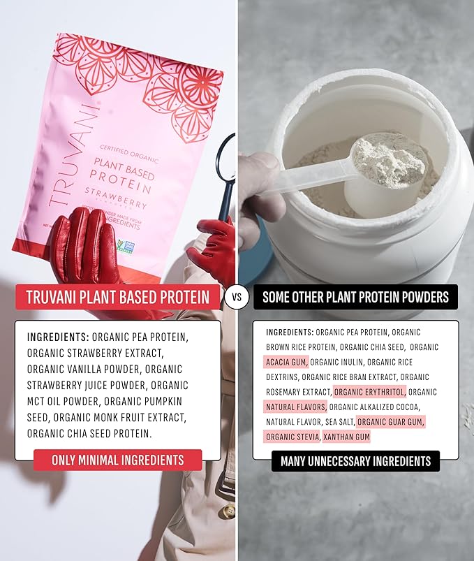 Truvani Vegan Pea Protein Powder | Strawberry | 20g Organic Plant Based Protein | 1 Serving | Keto | Gluten & Dairy Free | Low Carb | No Added Sugar