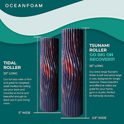 Oceanfoam Tsunami Roller (Dark Navy, Red & Natural Marbled) - Soft, Textured Foam Roller for Physical Therapy, Back Pain, Yoga, Exercise & Stretching - Wave Textured - Extra-Large 26" x 5.9"
