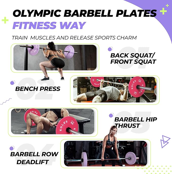 EGLES Vibrant Colorful Olympic Weight Plates, Rubber Barbell Plates, 2-inch Standard Virgin Rubber Bumper Plate 10 15 25 35 45LB for Home Gym Weightlifting, Strength Training, Fit Workouts