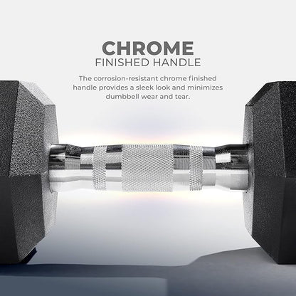 Sunny Health & Fitness Hex Style Dumbbell 5 LBS TO 50 LBS Chrome Handles, Hand Weight for Strength Training, Home Gym, Exercise, Workout Equipment Multiple Size Options