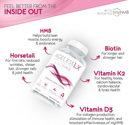 HMB Supplements for Women - Collagen Enhancer Capsules - Anti-Aging for 40 + Lean Muscle Builder - Biotin, Vitamin D3 K2 Supplement for Youthful Skin - 60 Servings