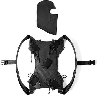 Sword Back Holster Complete with Balaclava. Black Leather Carrying Case, Ninja Hero Sheath-Weapons Holder for Anime or Halloween Costumes and Medieval Warrior Cosplay - Soport para espadas Ninja