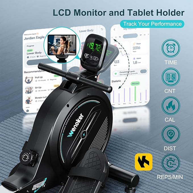 Rowing Machine,Wenoker Magnetic Rower Machine for Home,App Supported 350 LB Weight Capacity, Smooth Whisper Quiet with LCD Monitor Tablet Holder & Comfortable Seat Cushion, Compact and Saves Space