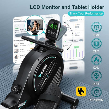 Rowing Machine,Wenoker Magnetic Rower Machine for Home,App Supported 350 LB Weight Capacity, Smooth Whisper Quiet with LCD Monitor Tablet Holder & Comfortable Seat Cushion, Compact and Saves Space
