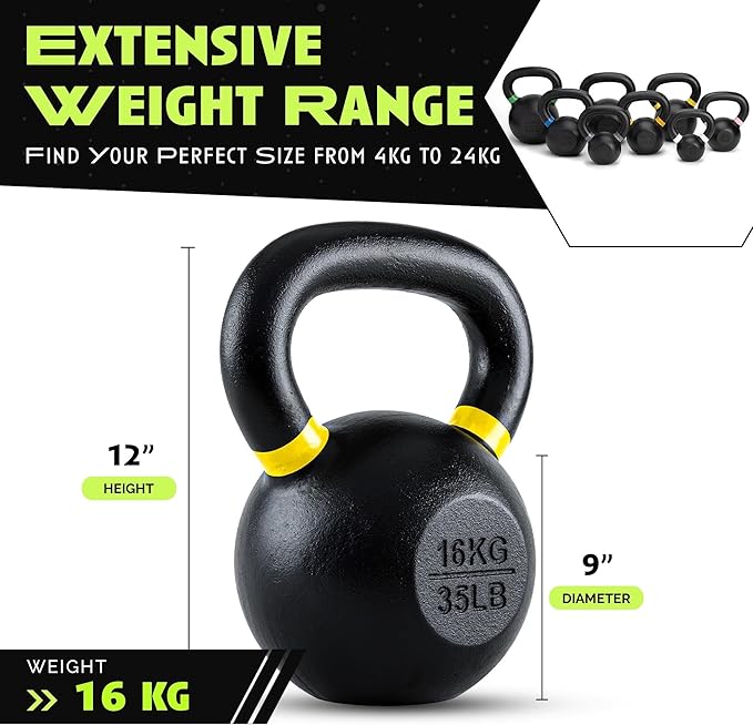 Single Cast Iron Kettlebell | Powder Coated - Wide Handle Weights for Core & Glute Workouts; Swings, Squats, Deadlifts; Strength, Endurance & Flexibility for Men & Women