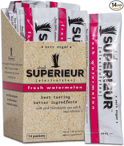 Superieur Electrolyte Powder Packets - Vegan Electrolyte Hydration Powder w/Sea Minerals - Keto Friendly, Non-GMO, Zero Sugar Electrolyte Supplement - Healthy Sports Drink - Watermelon (14 Packets)