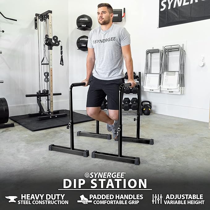 Synergee Dip Bar. Adjustable Dip Station from 30????39??for Dips, Inverted Pull Ups. Max capacity 400 lbs. Portable Dip Stand for Total Body Workout. Available in Yellow and Black.