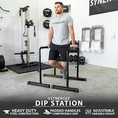 Synergee Dip Bar. Adjustable Dip Station from 30????39??for Dips, Inverted Pull Ups. Max capacity 400 lbs. Portable Dip Stand for Total Body Workout. Available in Yellow and Black.