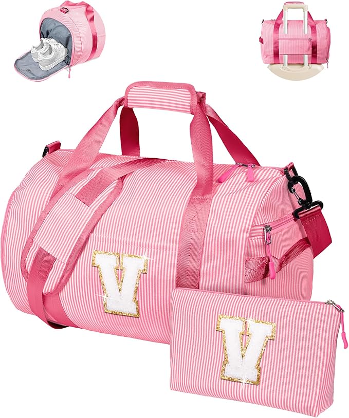 Girly Trendy Stuff, Girl Gym Bag, Kids Initial Overnight Duffel Bags with Shoe Compartment, Personalized Travel Bag with Makeup Pouch, Gift for 5 6 7 8 9 10 11 12 Year Old Girls (Letter V)