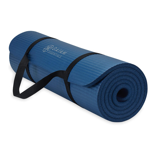 Gaiam Essentials Thick Yoga Mat Fitness & Exercise Mat with Easy-Cinch Carrier Strap, Navy, 72"L X