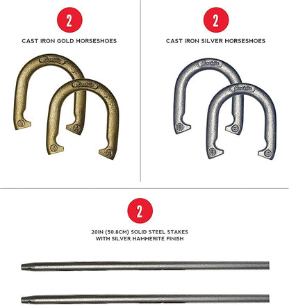 Franklin Sports Horseshoe Set - Cast iron Horseshoes and Steel Stakes - Official Size and Weight - Perfect for Yard and Beach - Recreational