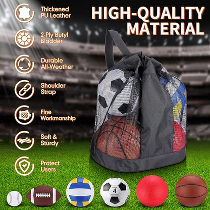 Leyndo 18 Pcs Sports Ball Set for Kids, Official Size Basketball Football Soccer Ball Playground Volleyball Baseball Outdoor Sport Equipment Bag and Pump Back to School Gift