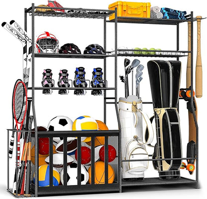 Garage Sports Equipment Organizer with Golf Bag Stand, Balls Storage Rack, and Toy Organizer ??Durable Indoor/Outdoor Multi-Use Rack for Kids' Gear and Seasonal Items