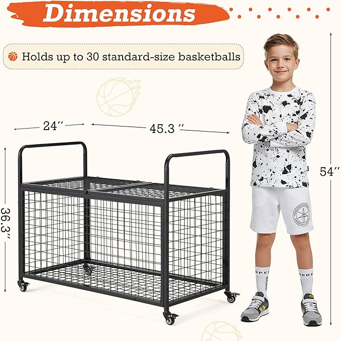 AECOJOY Ball Cart Storage, Rolling Basketball Bin with Wheels for Garage, School, Gym, Sports Equipment and Toy Organizer, Indoor & Outdoor