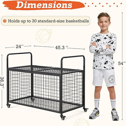 AECOJOY Ball Cart Storage, Rolling Basketball Bin with Wheels for Garage, School, Gym, Sports Equipment and Toy Organizer, Indoor & Outdoor