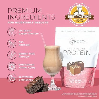 One Sol Lean Plant-Based Protein Powder, Pea & Brown Rice Protein, Low Carb, Vegan Friendly - Gluten, Lactose, & Soy Free - No Added Sugar, Non-GMO, Clean Nutrition, No Bloating (Chocolate Sea Salt)