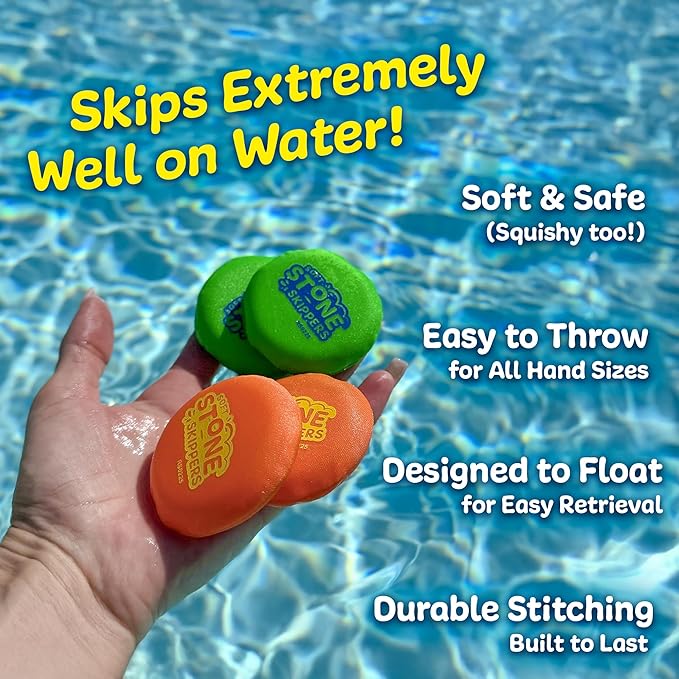 Soft Stone Skippers Game – Fun Pool Toys for Kids All Ages - 4 Pack Water Skipping Discs Set – Best Beach Games Gifts for Boys & Girls Ages 5 6 7 8 9 10 11 + Year Old - Water Bouncing Skip Ball Toy