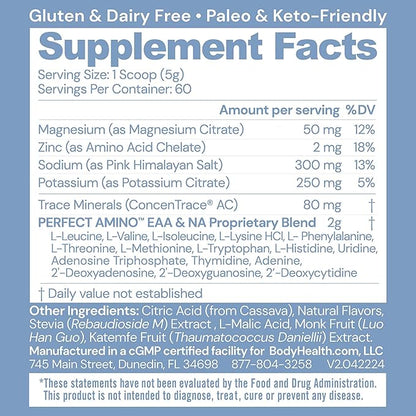 BodyHealth PerfectAmino Electrolytes Powder No Sugar, Keto Sugar Free Fasting Electrolytes Drink Mix, Hydration Powder with Trace Minerals - Mixed Berry - 60 Servings