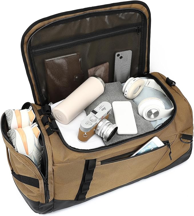 Large Travel Duffle Bag Backpack for Men Women 70L Big Sports Gym Bag with Shoe Compartment Heavy Duty Duffel Bags with Padded Straps for Weekend Overnight Camping, Brown