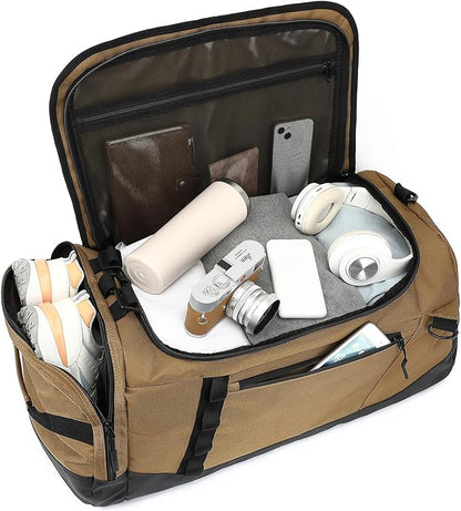 Large Travel Duffle Bag Backpack for Men Women 70L Big Sports Gym Bag with Shoe Compartment Heavy Duty Duffel Bags with Padded Straps for Weekend Overnight Camping, Brown