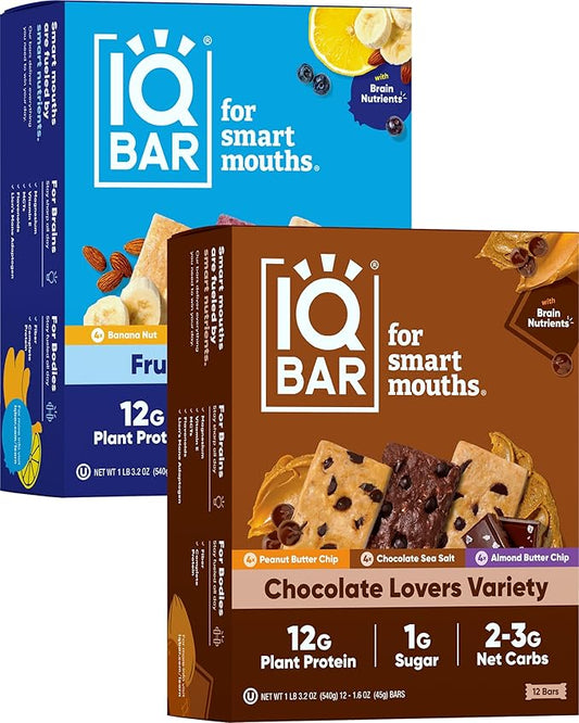 IQBAR Brain and Body Plant Protein Bars - Chocolate & Fruit Variety - 24-Count Low Carb - Gluten
