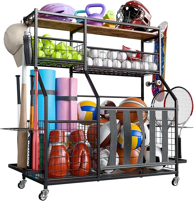 Sports Equipment Organizer, Garage Storage with Basket and Hooks, Rolling Cart with Wheels for Toy Sports Gear Storage, Ball Rack for Indoor/Outdoor
