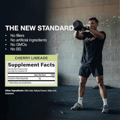 RAW Nutrition Creatine Monohydrate Powder, Cherry Limeade (30 Servings) - Micronized Creatine Monohydrate Supplement for Workout Performance, Build Muscle & Strength - Creatine Powder for Men & Women
