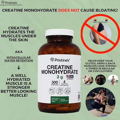 PRISTINE'S Creatine Monohydrate Capsules for Women & Men - NSF Certified 75 Day Supply 3G Muscle Growth Support Supplement - Cognitive & Athletic Performance Support - Enhanced Recovery
