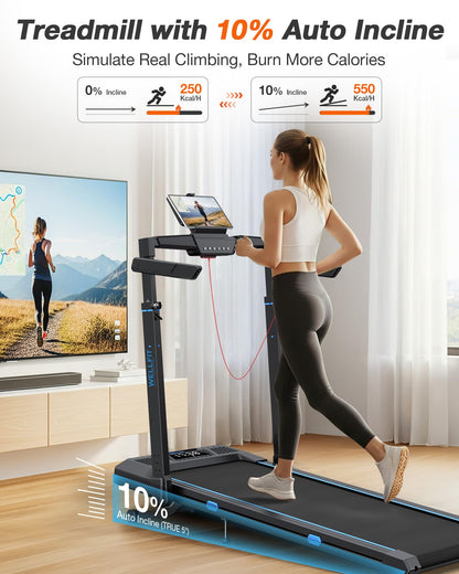 WELLFIT Foldable Treadmill with Auto Incline, 400+ LBS, Adjustable Height