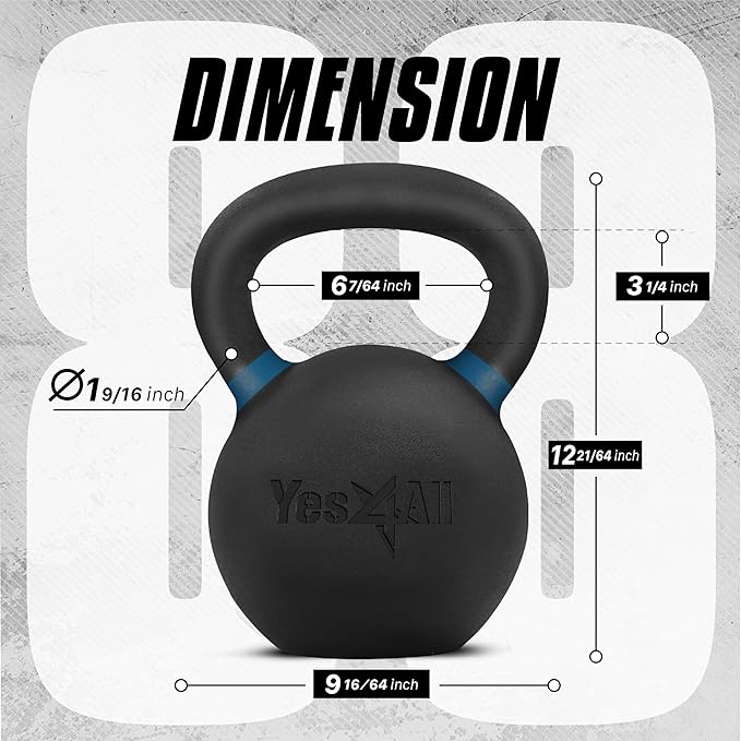 Yes4All Kettlebell, Heavy Duty Powder Coated Cast Iron Kettlebells, Non-Slip Handle & Flat Bottom for Conditioning, Strength Training & Full Body Exercises at Home Gym - Single & Pair