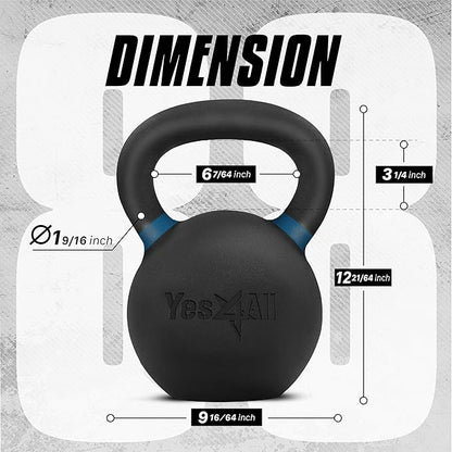 Yes4All Kettlebell, Heavy Duty Powder Coated Cast Iron Kettlebells, Non-Slip Handle & Flat Bottom for Conditioning, Strength Training & Full Body Exercises at Home Gym - Single & Pair
