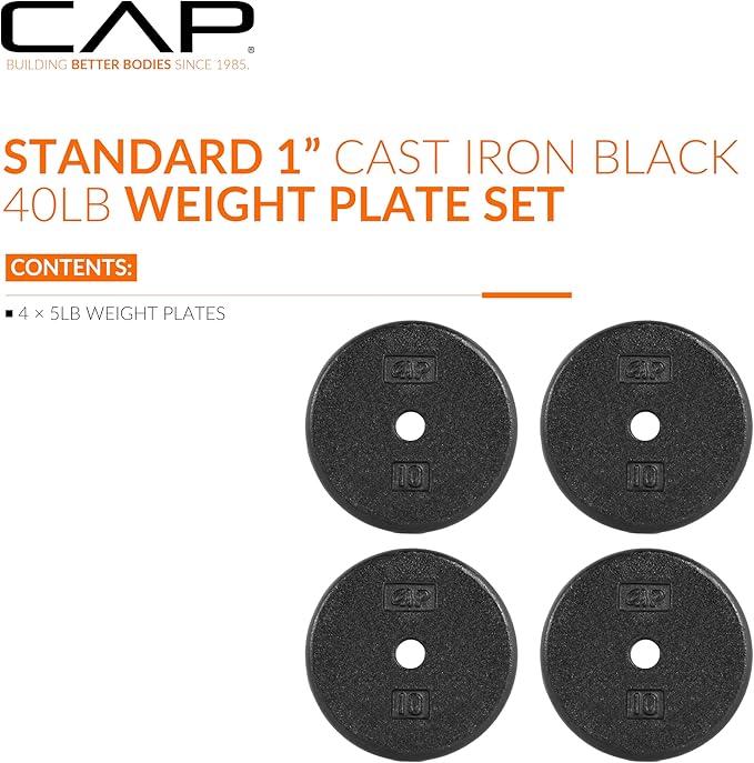 CAP Barbell Standard 1-Inch Cast Iron Weight Plates - Singles & Sets | 1.25-50 lbs | Multiple Options