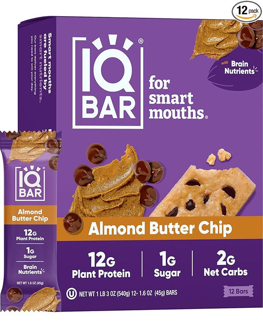 IQBAR Brain and Body Plant Protein Bars - Almond Butter Chip - 12-Count Low Carb - Gluten Free