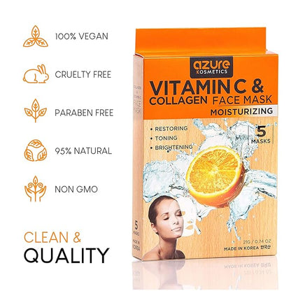 Azure Cosmetics Vitamin C & Collagen Face Mask - Dermatologist Tested, Anti Aging, Hydrating & Moisturizing Sheet Mask for Dry Skin - Firms, Tones & Smooths Fine Lines - Korean Skin Care - Pack of 5