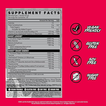 GHOST Legend Pre-Workout Powder, Sonic Cherry Limeade - 30 Servings ??Pre-Workout for Men & Women with Choline, L-Citrulline, & Beta Alanine for Energy & Focus