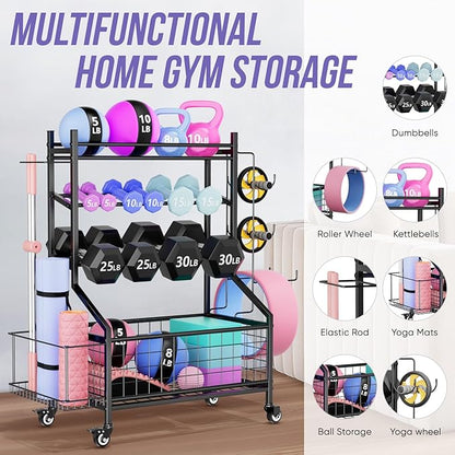 WUC Adjustable Dumbbell Rack, Weight Rack for Home Gym Storage, All-in-One Workout Equipment Storage with Wheels and Hooks for Dumbbells, Kettlebells, Yoga Mats & Balls, Durable Powder Coated Steel