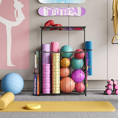 Large Sports Equipment Organizer, Garage Storage Ball Rack with Elastic Straps and 3 Hooks, Outdoor Toy Organizer Stand, Garage Organization Storage Rack for Basketball, Football, Soccer, Volleyball