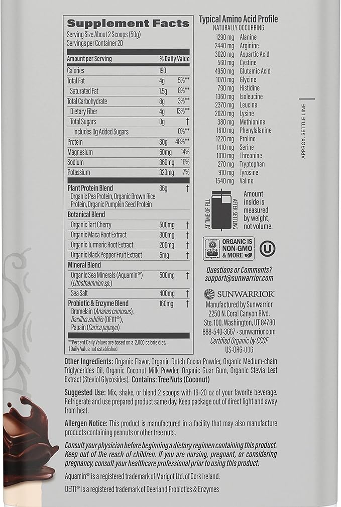 Sunwarrior Organic Plant Based Protein Powder | Vegan Organic Protein Powder with BCAA Amino Acids Plus Recovery Minerals & Botanicals | Non-GMO Soy Dairy & Gluten Free (Chocolate, 20 Servings)