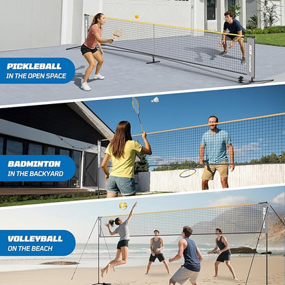 Haokelball Badminton Volleyball Pickleball Net Set, 22FT Portable All-in-One Nets System for Outdoor Beach Indoor with Adjustable Height, Includes Balls Rackets Pump Carry Bag